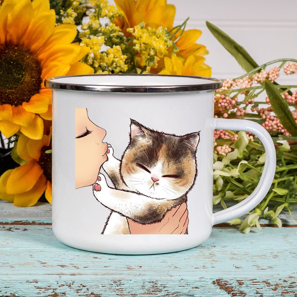 Cartoon Cat Print Enamel Coffee Tea Mugs Cute Animal Breakfast Dessert Milk Water Cups Love Cat Home Drinkware Best Friend Gifts ShopOnlyDeal