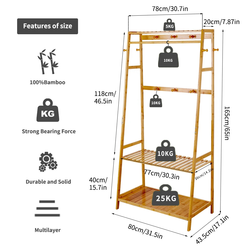 Bamboo Garment Coat Clothes Hanging Heavy Duty Rack with top shelf and 2-tier Shoe Clothing Storage Organizer Shelves ShopOnlyDeal