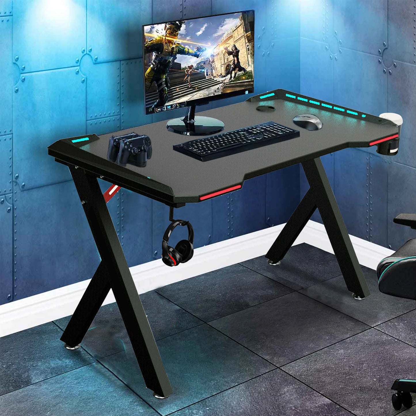 Ultimate Gaming Experience: PC Computer Gamer Desk with RGB LED Lights, Headphone Hook, and Cup Holder ShopOnlyDeal