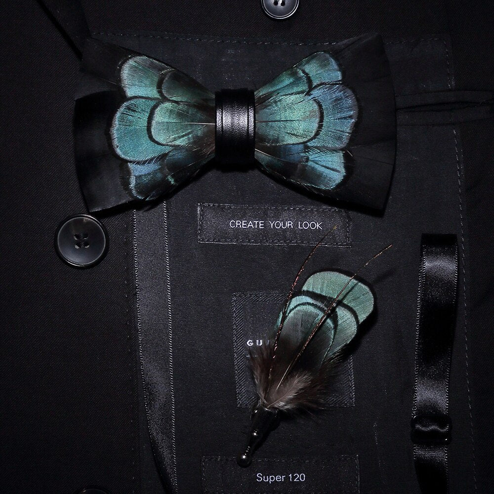 Bow Tie & Pin set handmade Natural Feather bowtie Gift Box Business Suit For Wedding Party Fashion Colorful Men's ShopOnlyDeal