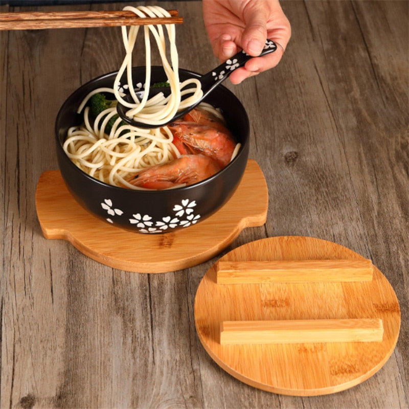 Japanese Style Rice Noodle Bowl with Lid Spoon and Chopstick Kitchen Tableware Ceramic Salad Soup Bowl Food Container Dinnerware ShopOnlyDeal