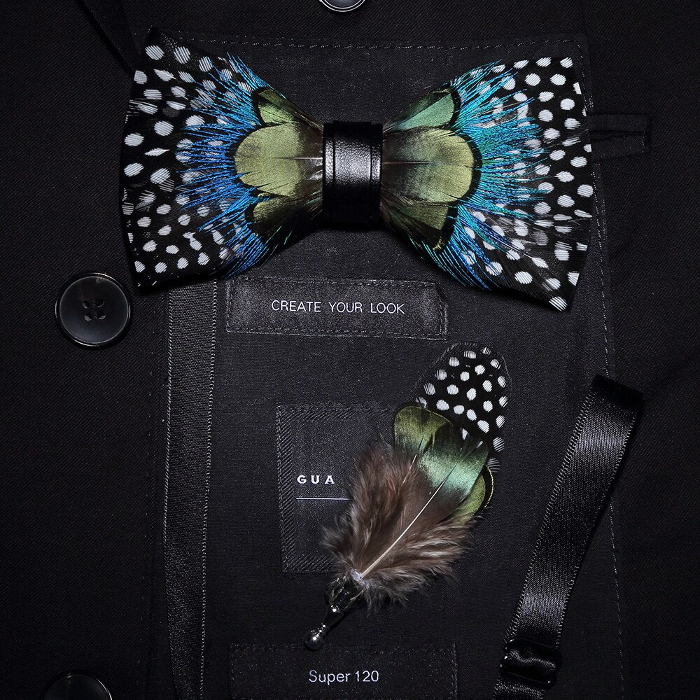 Bow Tie & Pin set handmade Natural Feather bowtie Gift Box Business Suit For Wedding Party Fashion Colorful Men's ShopOnlyDeal