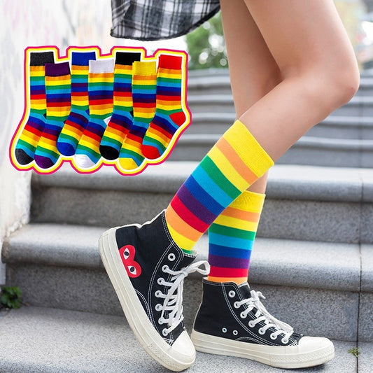 Rainbow Striped Casual Socks1 Pair Cotton Elasticity Sweat Women Long Sock Candy Colors Sporty Meias Retro Harajuku Casual Socks ShopOnlyDeal