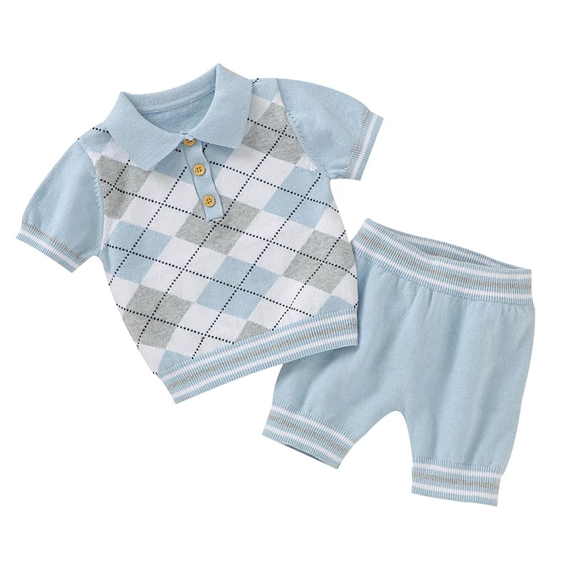 Baby Clothing Set | 100% Cotton Knitted | Newborn Boy & Girl Fashion | Turn-Down Plaid Pullover + Solid Shorts | Infant Toddler Suit for Summer ShopOnlyDeal