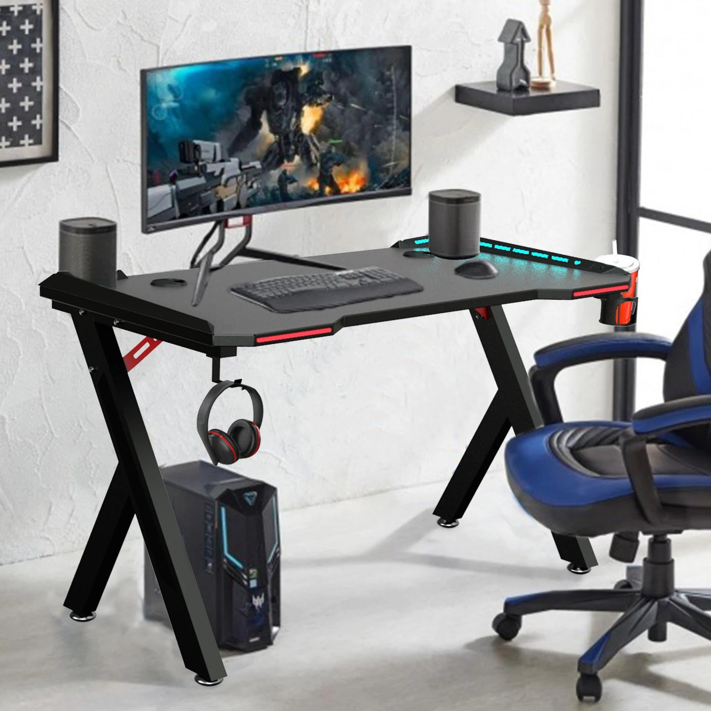 Ultimate Gaming Experience: PC Computer Gamer Desk with RGB LED Lights, Headphone Hook, and Cup Holder ShopOnlyDeal