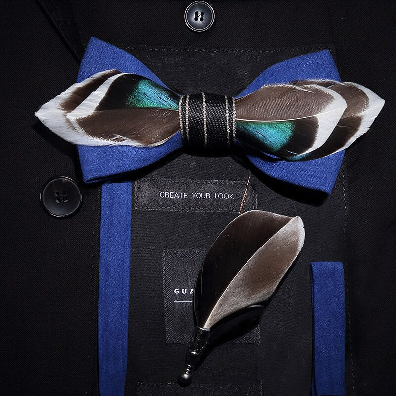 Bow Tie & Pin set handmade Natural Feather bowtie Gift Box Business Suit For Wedding Party Fashion Colorful Men's ShopOnlyDeal