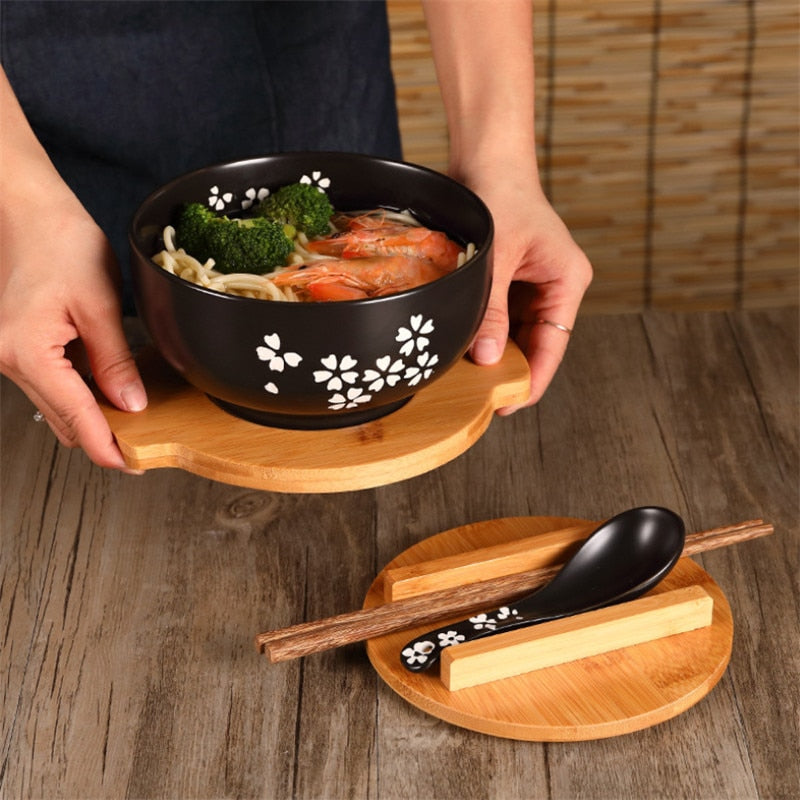 Japanese Style Rice Noodle Bowl with Lid Spoon and Chopstick Kitchen Tableware Ceramic Salad Soup Bowl Food Container Dinnerware ShopOnlyDeal
