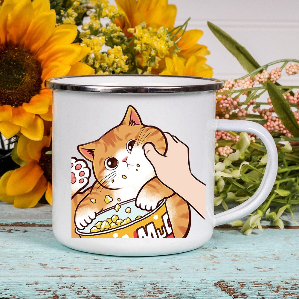 Cartoon Cat Print Enamel Coffee Tea Mugs Cute Animal Breakfast Dessert Milk Water Cups Love Cat Home Drinkware Best Friend Gifts ShopOnlyDeal