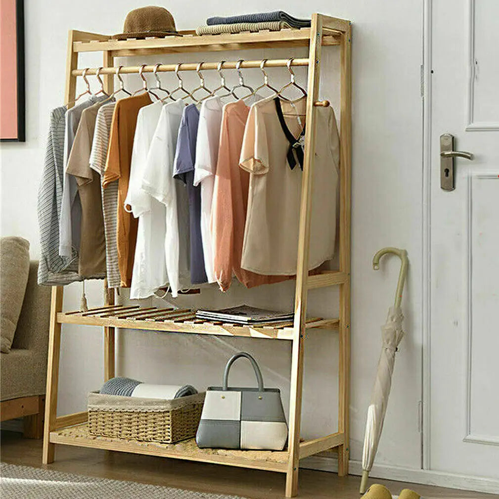 Bamboo Garment Coat Clothes Hanging Heavy Duty Rack with top shelf and 2-tier Shoe Clothing Storage Organizer Shelves ShopOnlyDeal