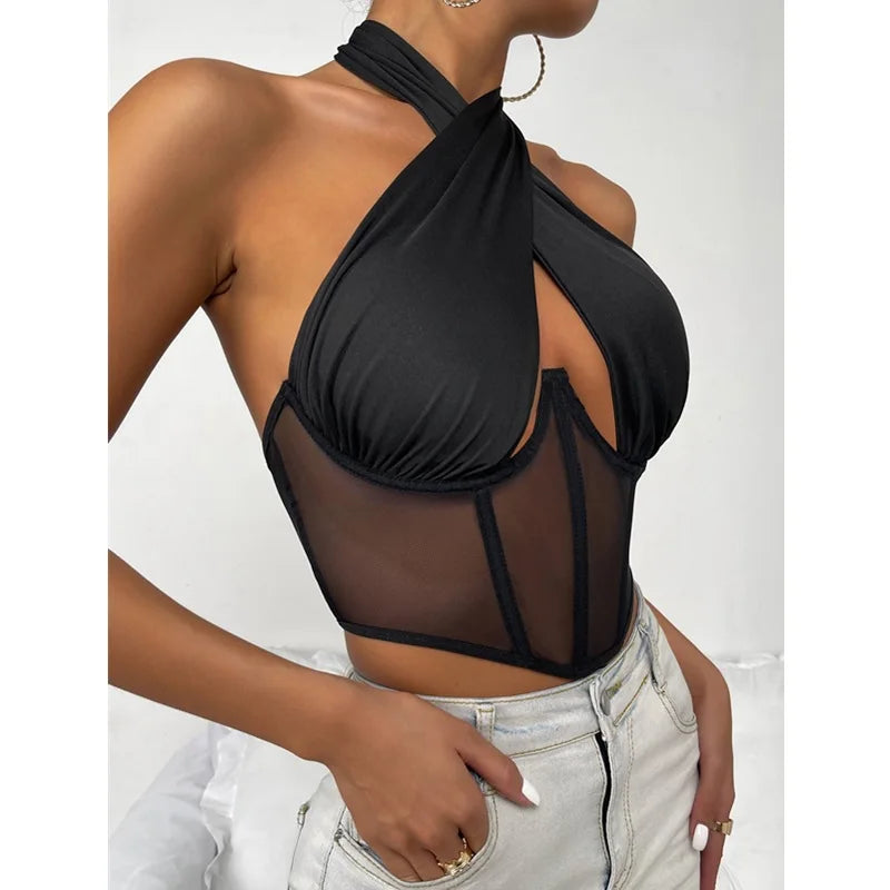 Sexy Cross Halter Corset Bustier Mesh Bone Tank Tops Women Tie Up Wrap Tube Tops Backless Slim Fit Cut Out Front Tops ShopOnlyDeal