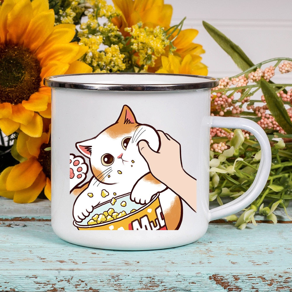 Cartoon Cat Print Enamel Coffee Tea Mugs Cute Animal Breakfast Dessert Milk Water Cups Love Cat Home Drinkware Best Friend Gifts ShopOnlyDeal