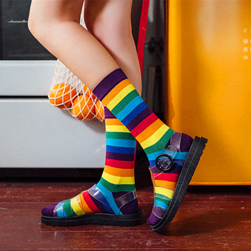 Rainbow Striped Casual Socks1 Pair Cotton Elasticity Sweat Women Long Sock Candy Colors Sporty Meias Retro Harajuku Casual Socks ShopOnlyDeal