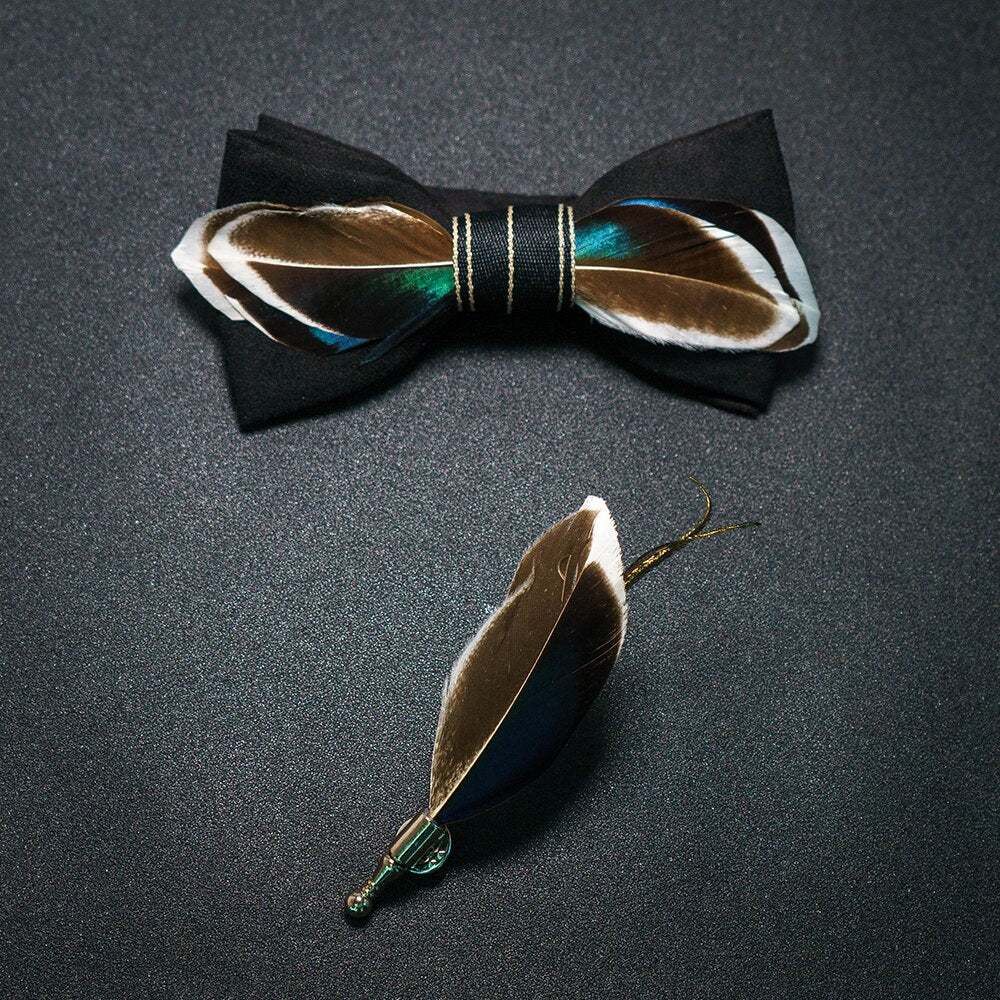 Bow Tie & Pin set handmade Natural Feather bowtie Gift Box Business Suit For Wedding Party Fashion Colorful Men's ShopOnlyDeal