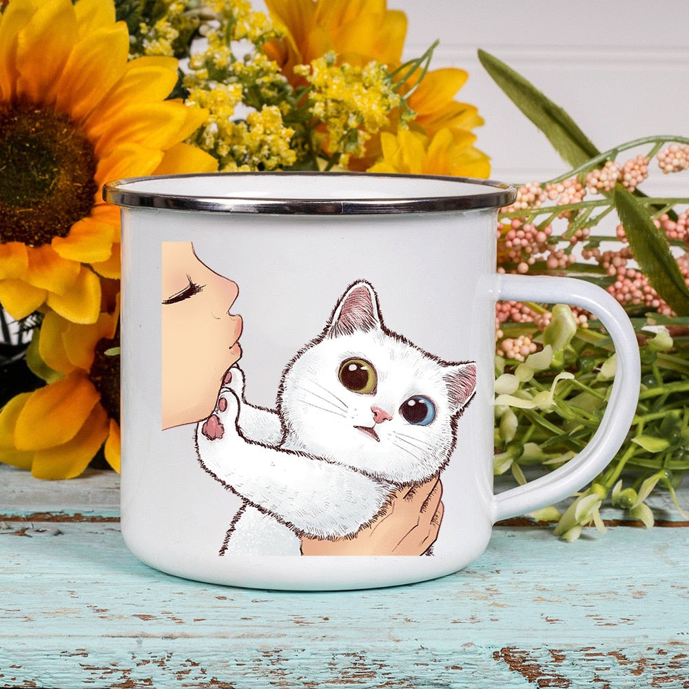 Cartoon Cat Print Enamel Coffee Tea Mugs Cute Animal Breakfast Dessert Milk Water Cups Love Cat Home Drinkware Best Friend Gifts ShopOnlyDeal