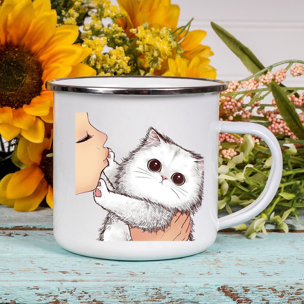 Cartoon Cat Print Enamel Coffee Tea Mugs Cute Animal Breakfast Dessert Milk Water Cups Love Cat Home Drinkware Best Friend Gifts ShopOnlyDeal