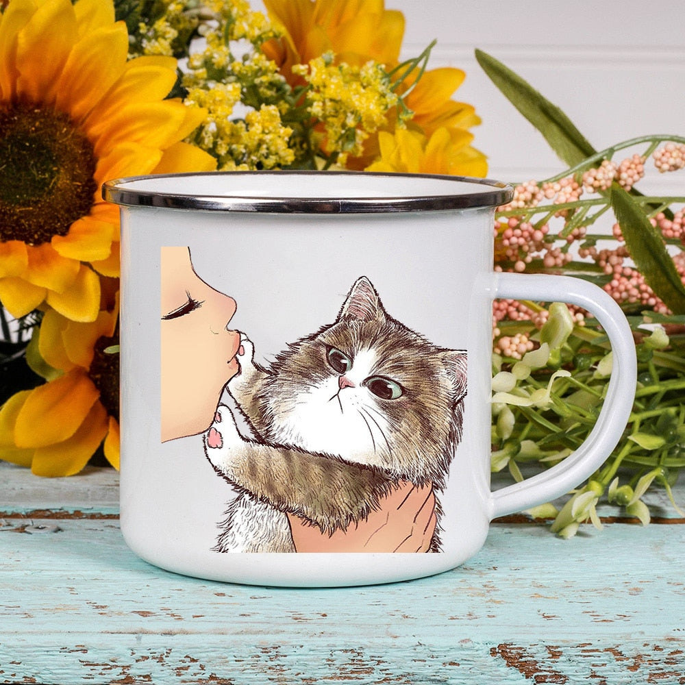 Cartoon Cat Print Enamel Coffee Tea Mugs Cute Animal Breakfast Dessert Milk Water Cups Love Cat Home Drinkware Best Friend Gifts ShopOnlyDeal