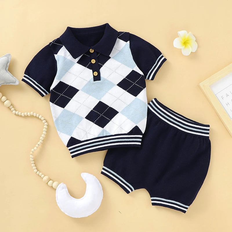 Baby Clothing Set | 100% Cotton Knitted | Newborn Boy & Girl Fashion | Turn-Down Plaid Pullover + Solid Shorts | Infant Toddler Suit for Summer ShopOnlyDeal