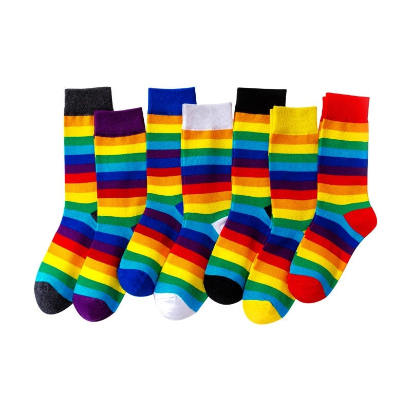 Rainbow Striped Casual Socks1 Pair Cotton Elasticity Sweat Women Long Sock Candy Colors Sporty Meias Retro Harajuku Casual Socks ShopOnlyDeal