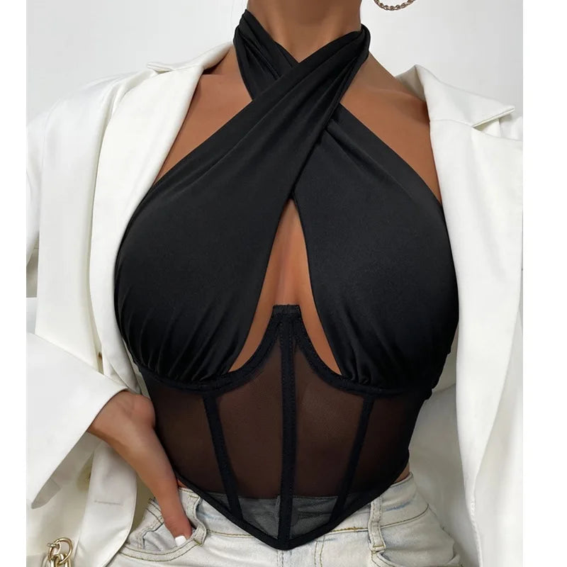 Sexy Cross Halter Corset Bustier Mesh Bone Tank Tops Women Tie Up Wrap Tube Tops Backless Slim Fit Cut Out Front Tops ShopOnlyDeal