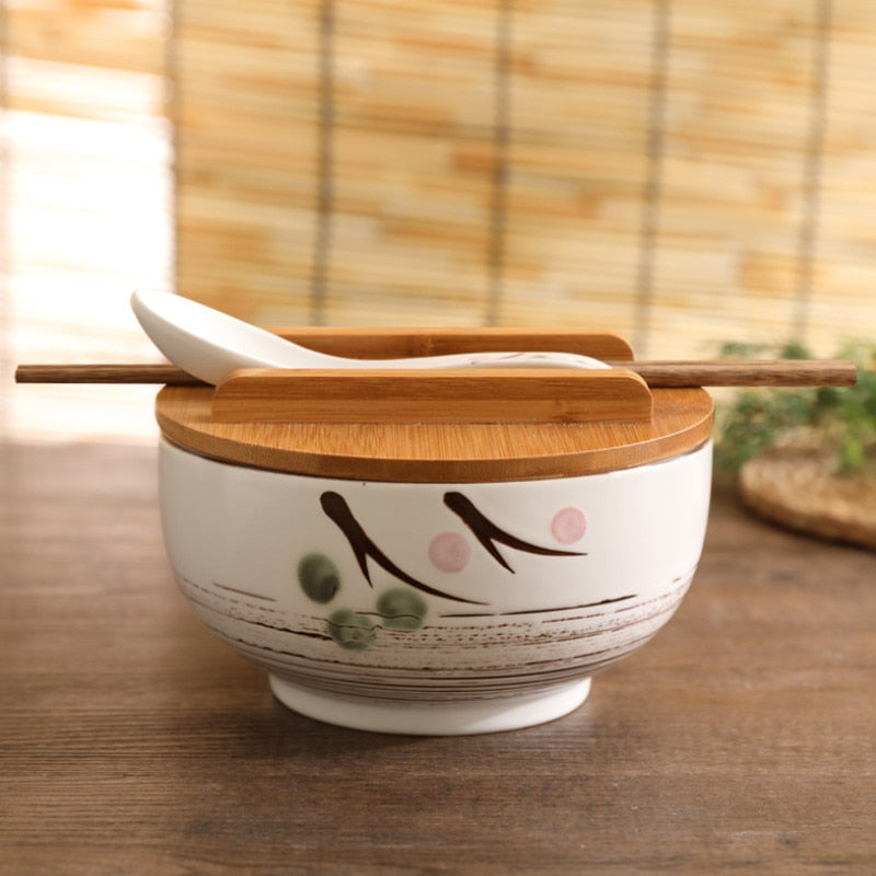 Japanese Style Rice Noodle Bowl with Lid Spoon and Chopstick Kitchen Tableware Ceramic Salad Soup Bowl Food Container Dinnerware ShopOnlyDeal
