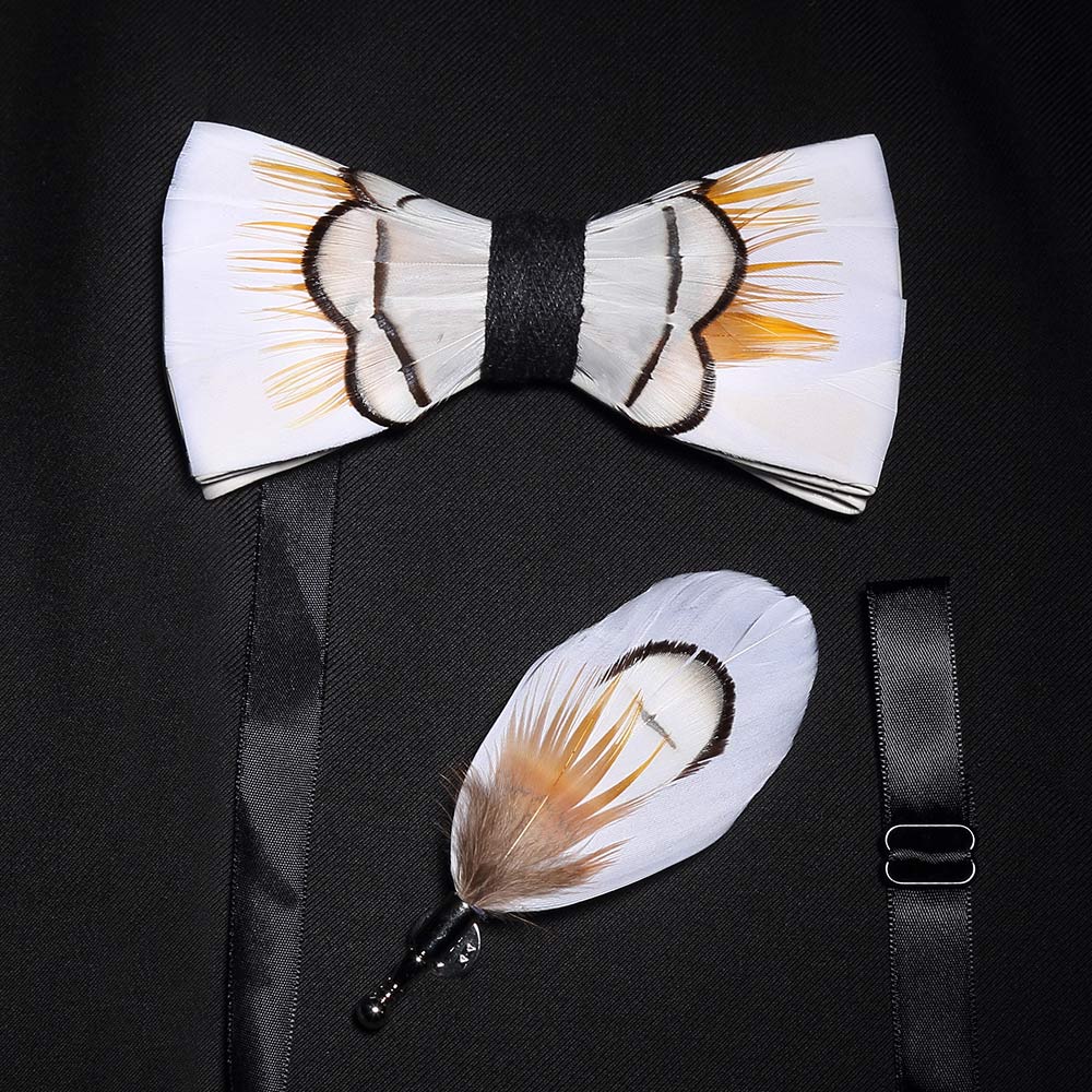 Bow Tie & Pin set handmade Natural Feather bowtie Gift Box Business Suit For Wedding Party Fashion Colorful Men's ShopOnlyDeal