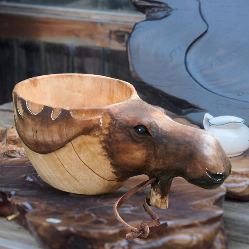 Nordic Coffee Mug Creative Portable Kuksa Rubber Wooden Water Cup Hand Carved Animal Head Juice Milk Tea Coffee Drinking Cup With Handle ShopOnlyDeal