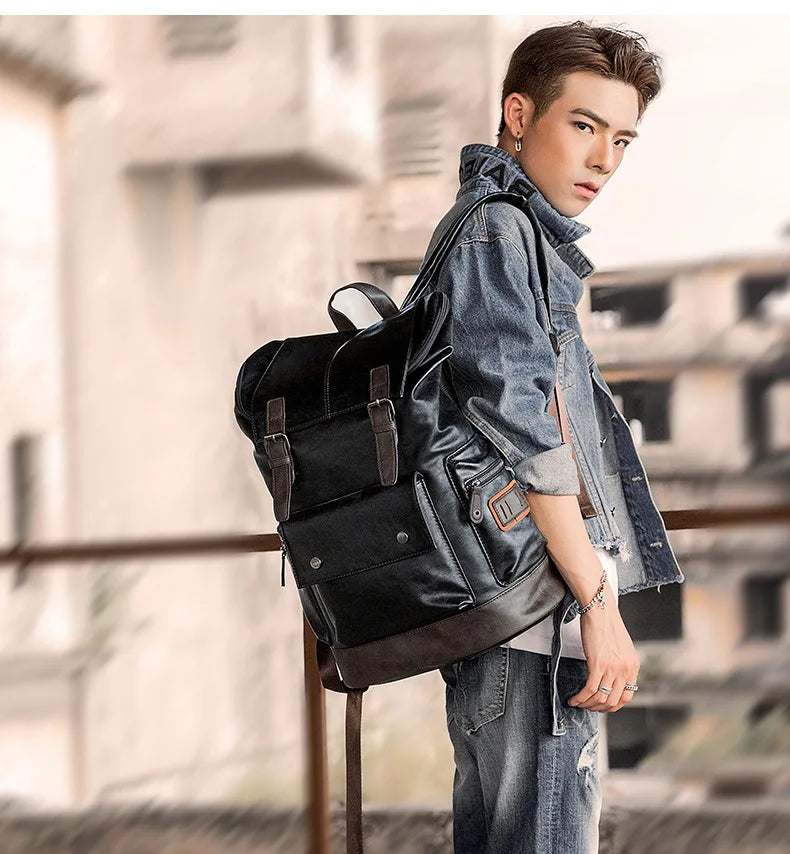 Multifunction Men PU Leather Backpack - Vintage Canvas Backpacks - School Bag - Neutral Portable - Wearproof Travel Bag ShopOnlyDeal