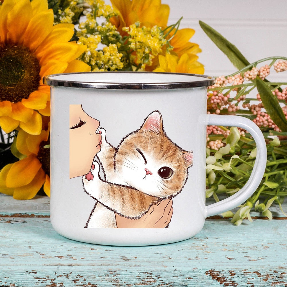 Cartoon Cat Print Enamel Coffee Tea Mugs Cute Animal Breakfast Dessert Milk Water Cups Love Cat Home Drinkware Best Friend Gifts ShopOnlyDeal