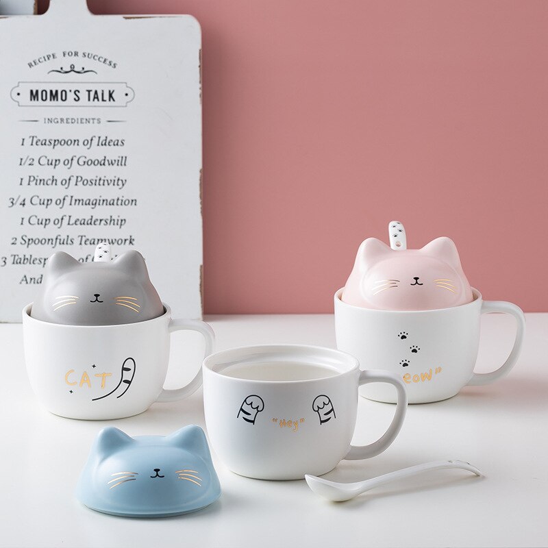 Cat Ceramic Coffee Mug Cute Cartoon With Lid Spoon Water Cup Home Kitchen Funny Accessories Kitten ShopOnlyDeal