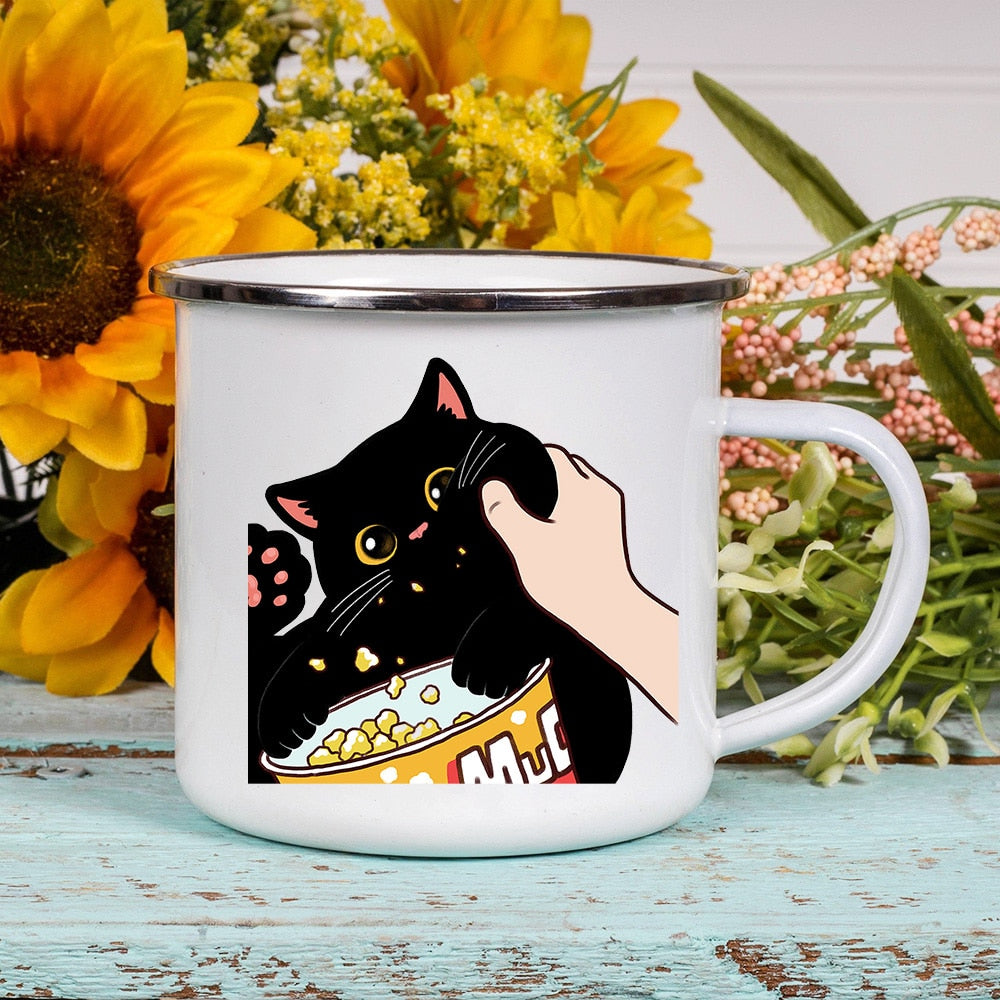 Cartoon Cat Print Enamel Coffee Tea Mugs Cute Animal Breakfast Dessert Milk Water Cups Love Cat Home Drinkware Best Friend Gifts ShopOnlyDeal