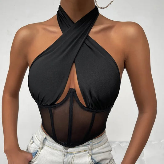 Sexy Cross Halter Corset Bustier Mesh Bone Tank Tops Women Tie Up Wrap Tube Tops Backless Slim Fit Cut Out Front Tops ShopOnlyDeal