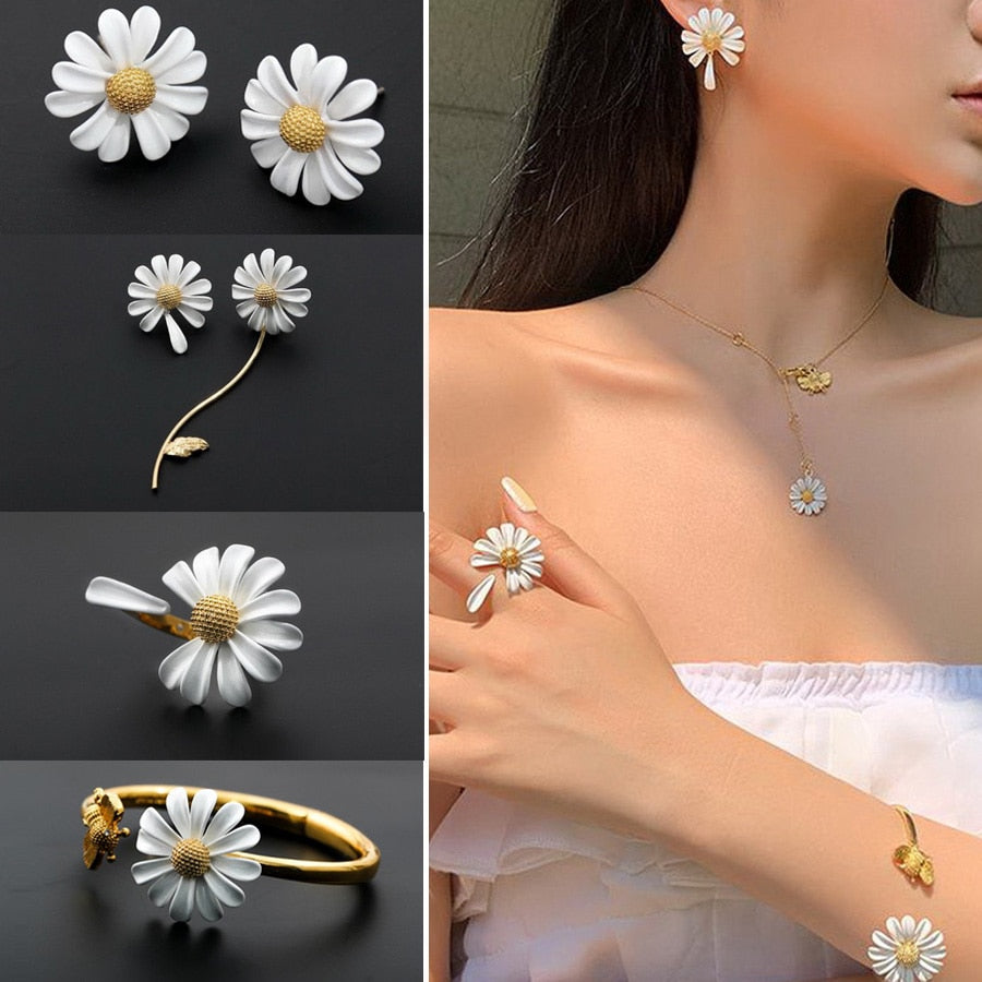 Korean Style Cute Small Daisy Flower Stud Earrings For Women Girls Sweet Statement Asymmetrical Earring Party Jewelry Gifts ShopOnlyDeal