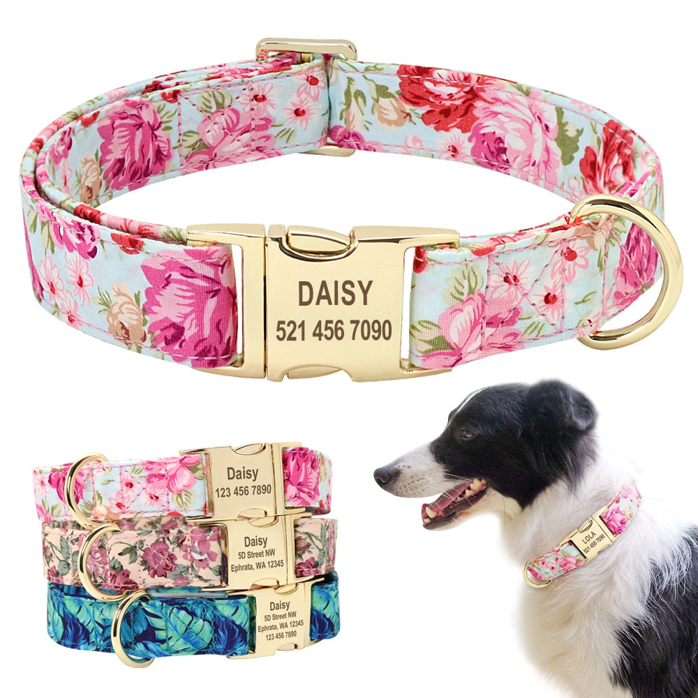 Personalized Floral Dog Collar Custom Small Medium Dog Pet ID Collar Flower Print Nylon Large Dog Engraved Collars for Pitbull ShopOnlyDeal