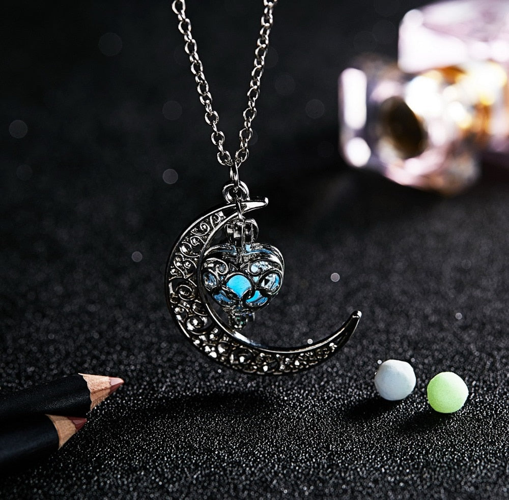 Glow In The Dark Necklace Moon Square Heart Necklaces For Woman Hollow Water Drop Pendant Night Fluorescence Light Accessories ShopOnlyDeal