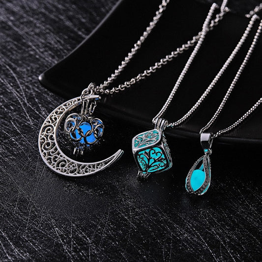 Glow In The Dark Necklace Moon Square Heart Necklaces For Woman Hollow Water Drop Pendant Night Fluorescence Light Accessories ShopOnlyDeal