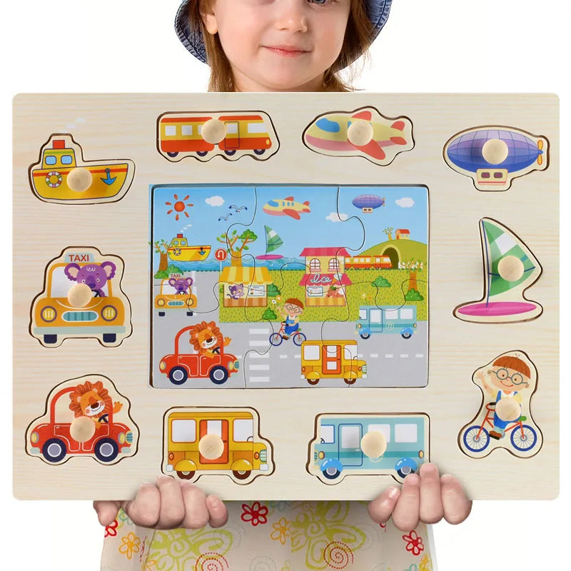 Montessori Wooden Puzzles Hand Grab Boards Toys Tangram Jigsaw Baby Educational Toys Cartoon Vehicle Animals Fruits 3D Puzzles ShopOnlyDeal