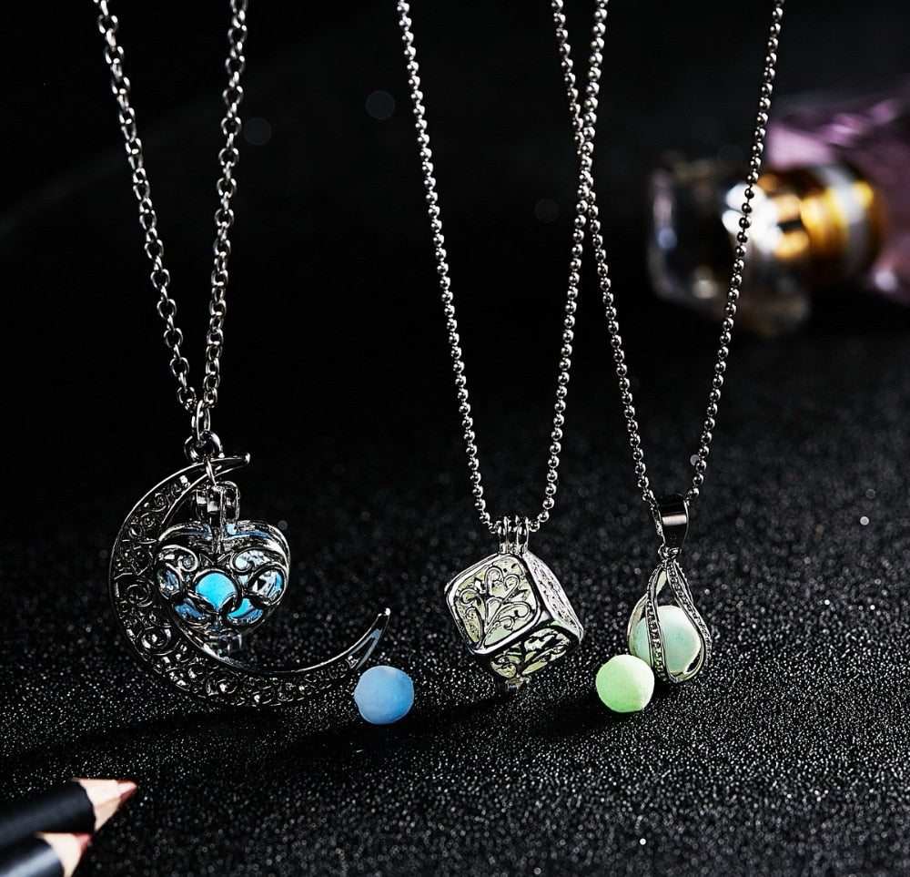 Glow In The Dark Necklace Moon Square Heart Necklaces For Woman Hollow Water Drop Pendant Night Fluorescence Light Accessories ShopOnlyDeal