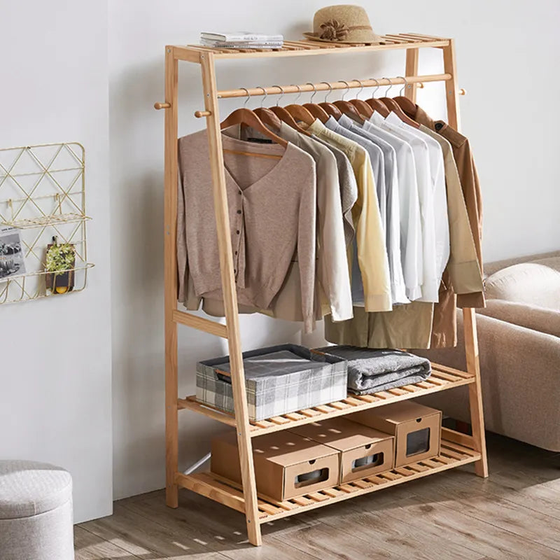 Bamboo Garment Coat Clothes Hanging Heavy Duty Rack with top shelf and 2-tier Shoe Clothing Storage Organizer Shelves ShopOnlyDeal