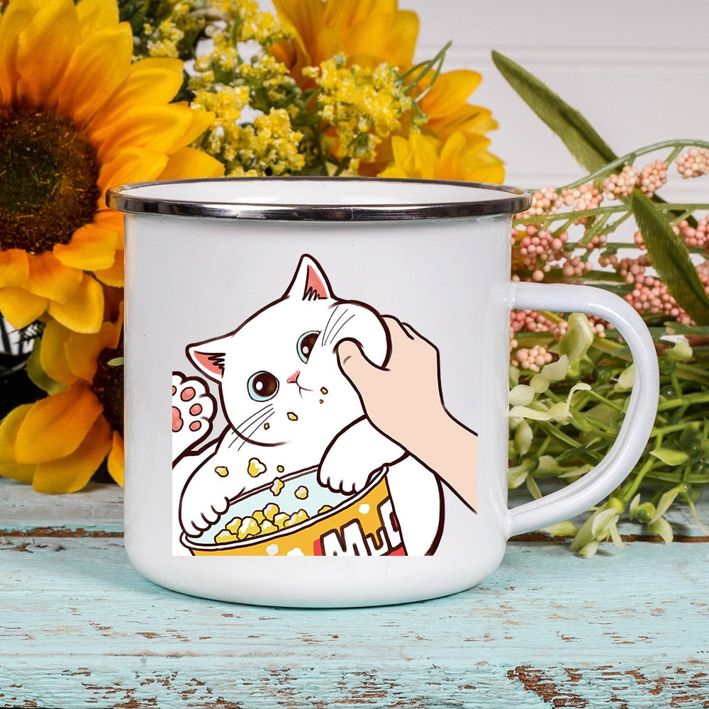 Cartoon Cat Print Enamel Coffee Tea Mugs Cute Animal Breakfast Dessert Milk Water Cups Love Cat Home Drinkware Best Friend Gifts ShopOnlyDeal