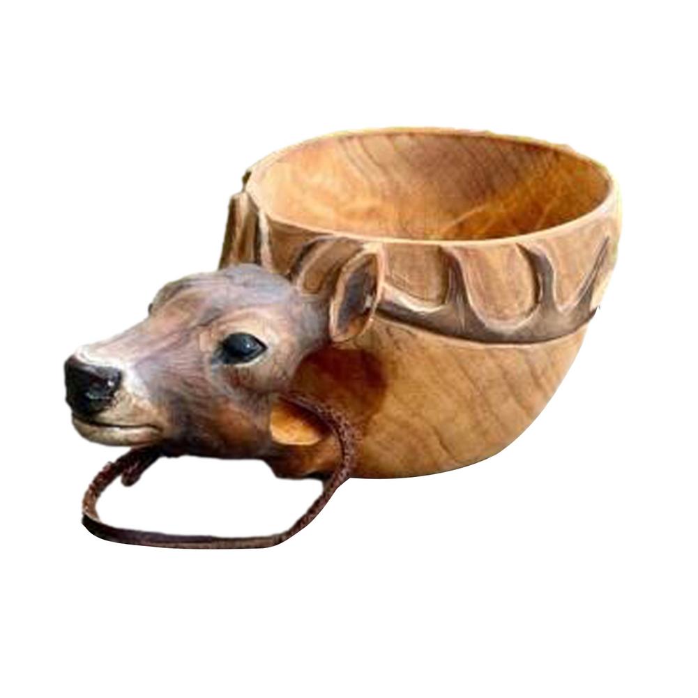 Nordic Coffee Mug Creative Portable Kuksa Rubber Wooden Water Cup Hand Carved Animal Head Juice Milk Tea Coffee Drinking Cup With Handle ShopOnlyDeal