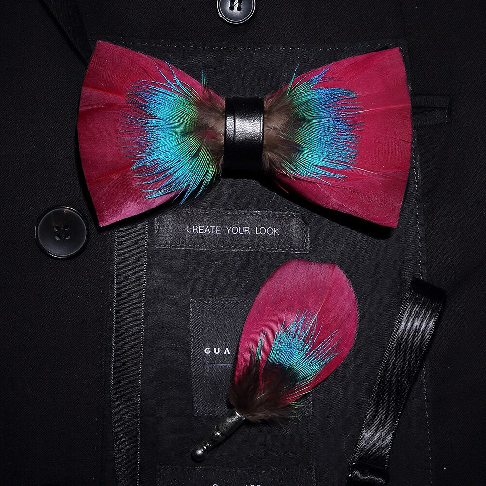 Bow Tie & Pin set handmade Natural Feather bowtie Gift Box Business Suit For Wedding Party Fashion Colorful Men's ShopOnlyDeal