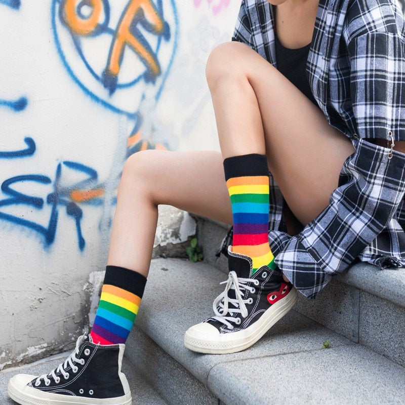 Rainbow Striped Casual Socks1 Pair Cotton Elasticity Sweat Women Long Sock Candy Colors Sporty Meias Retro Harajuku Casual Socks ShopOnlyDeal