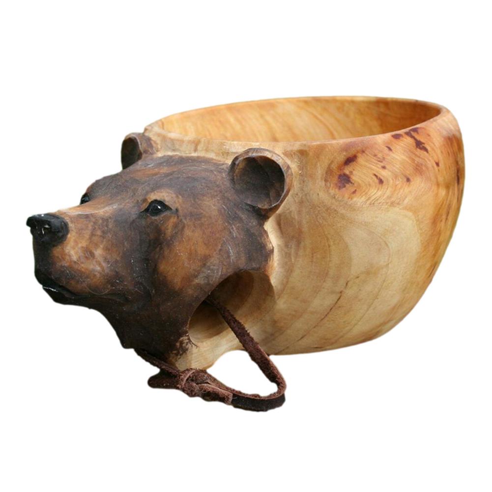 Nordic Coffee Mug Creative Portable Kuksa Rubber Wooden Water Cup Hand Carved Animal Head Juice Milk Tea Coffee Drinking Cup With Handle ShopOnlyDeal