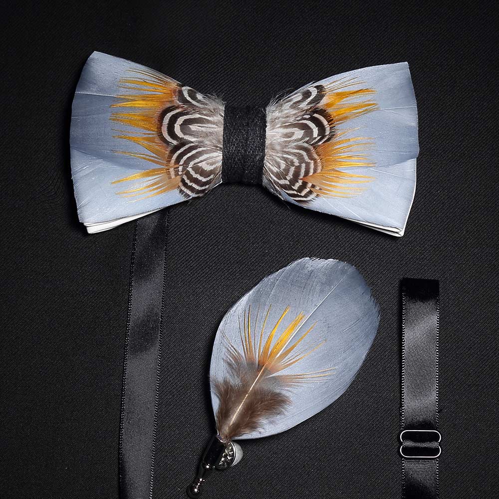 Bow Tie & Pin set handmade Natural Feather bowtie Gift Box Business Suit For Wedding Party Fashion Colorful Men's ShopOnlyDeal