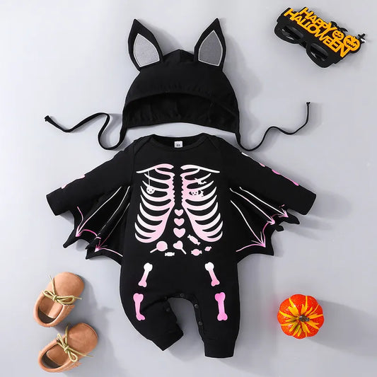 Halloween Costime For Babies 0-2Y Baby Bat Rompers Infant Boys Girls Skeleton Print Long Sleeve Bodysuit with Hat Newborn Jumpsuits Costume Listenwind Official Store