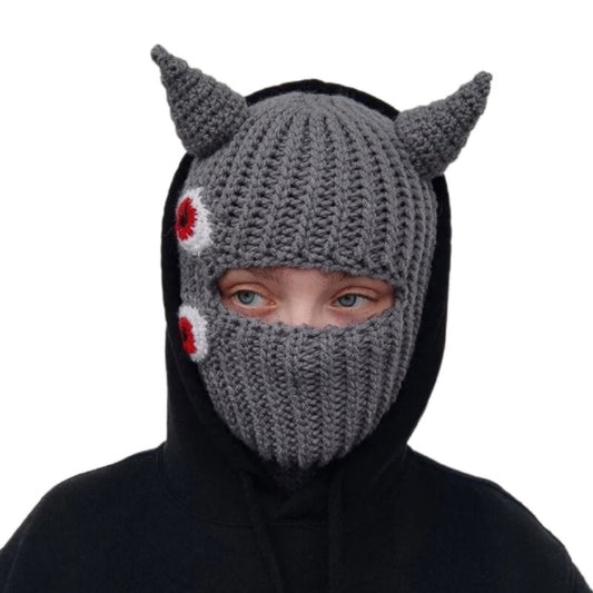 Balaclava With Horns Evil Halloween Funny Horns Knitted Hat Beanies Warm Full Face Cover Ski Mask Hat Windproof Balaclava Hat for Outdoor Sport LANGD Store