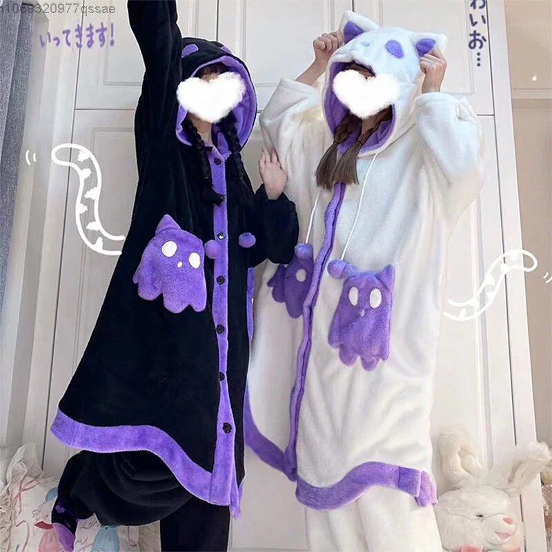 Halloween Ghost Fuzzy Plush Pajamas Ponchos For Women Y2k Winter Thicken Cute Hooded Loose Pajamas Capes Home Fur Sets ShopOnlyDeal