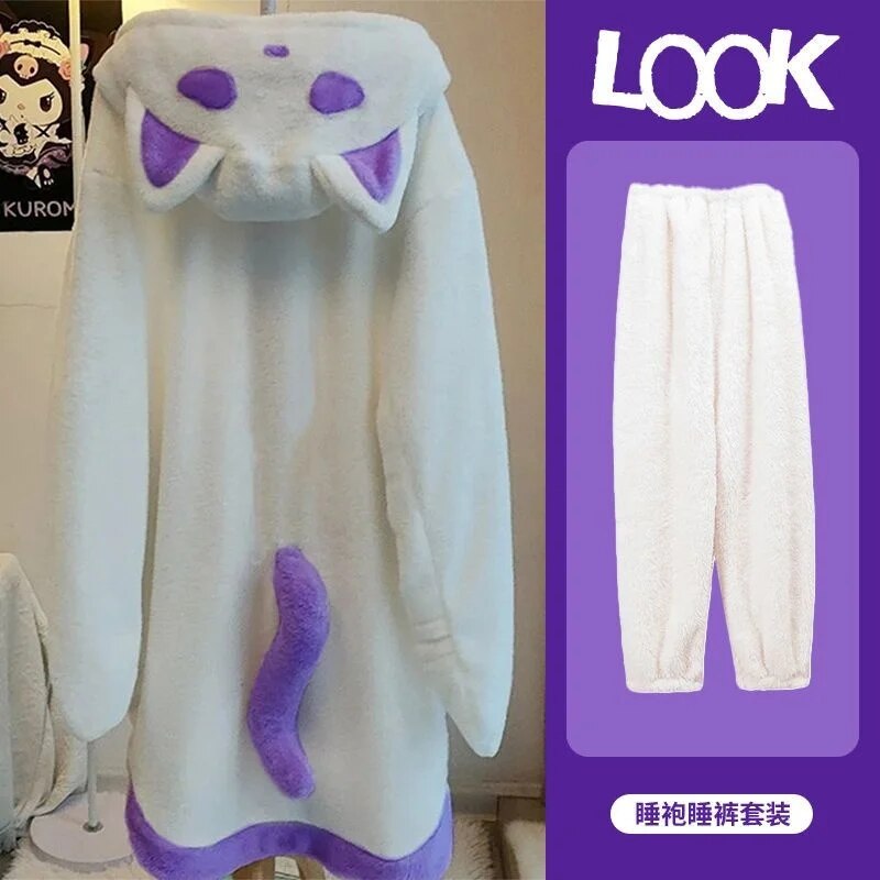 Halloween Ghost Fuzzy Plush Pajamas Ponchos For Women Y2k Winter Thicken Cute Hooded Loose Pajamas Capes Home Fur Sets ShopOnlyDeal