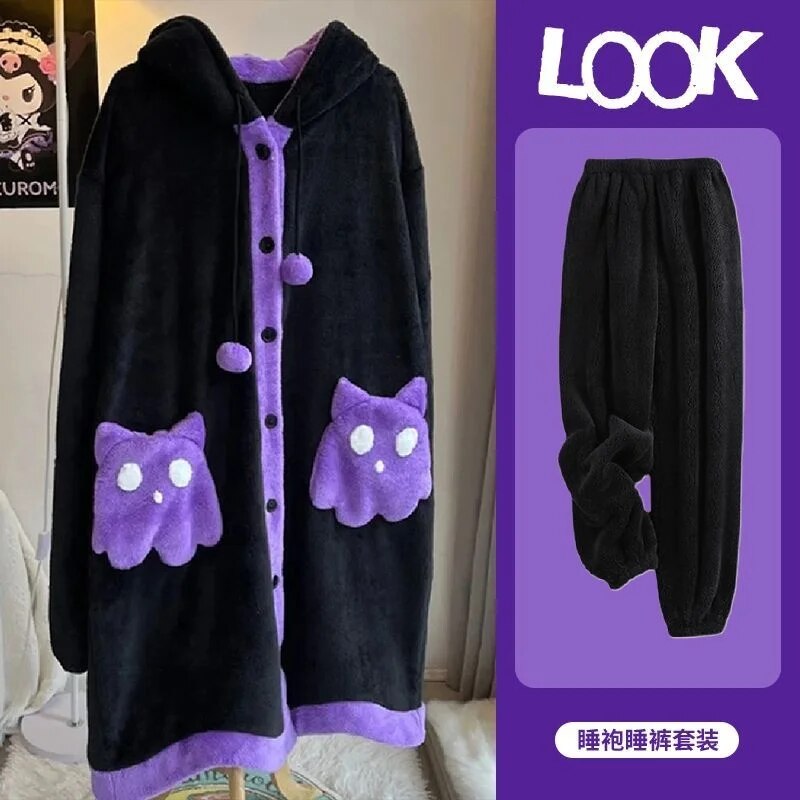 Halloween Ghost Fuzzy Plush Pajamas Ponchos For Women Y2k Winter Thicken Cute Hooded Loose Pajamas Capes Home Fur Sets ShopOnlyDeal