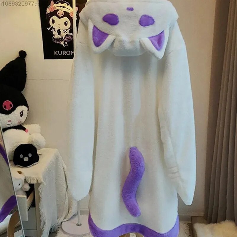 Halloween Ghost Fuzzy Plush Pajamas Ponchos For Women Y2k Winter Thicken Cute Hooded Loose Pajamas Capes Home Fur Sets ShopOnlyDeal